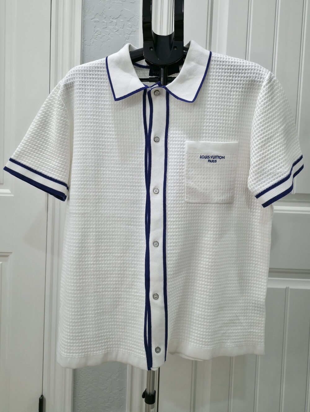 Louis Vuitton White Short Sleeve Button-Down Shirt with Navy Trim